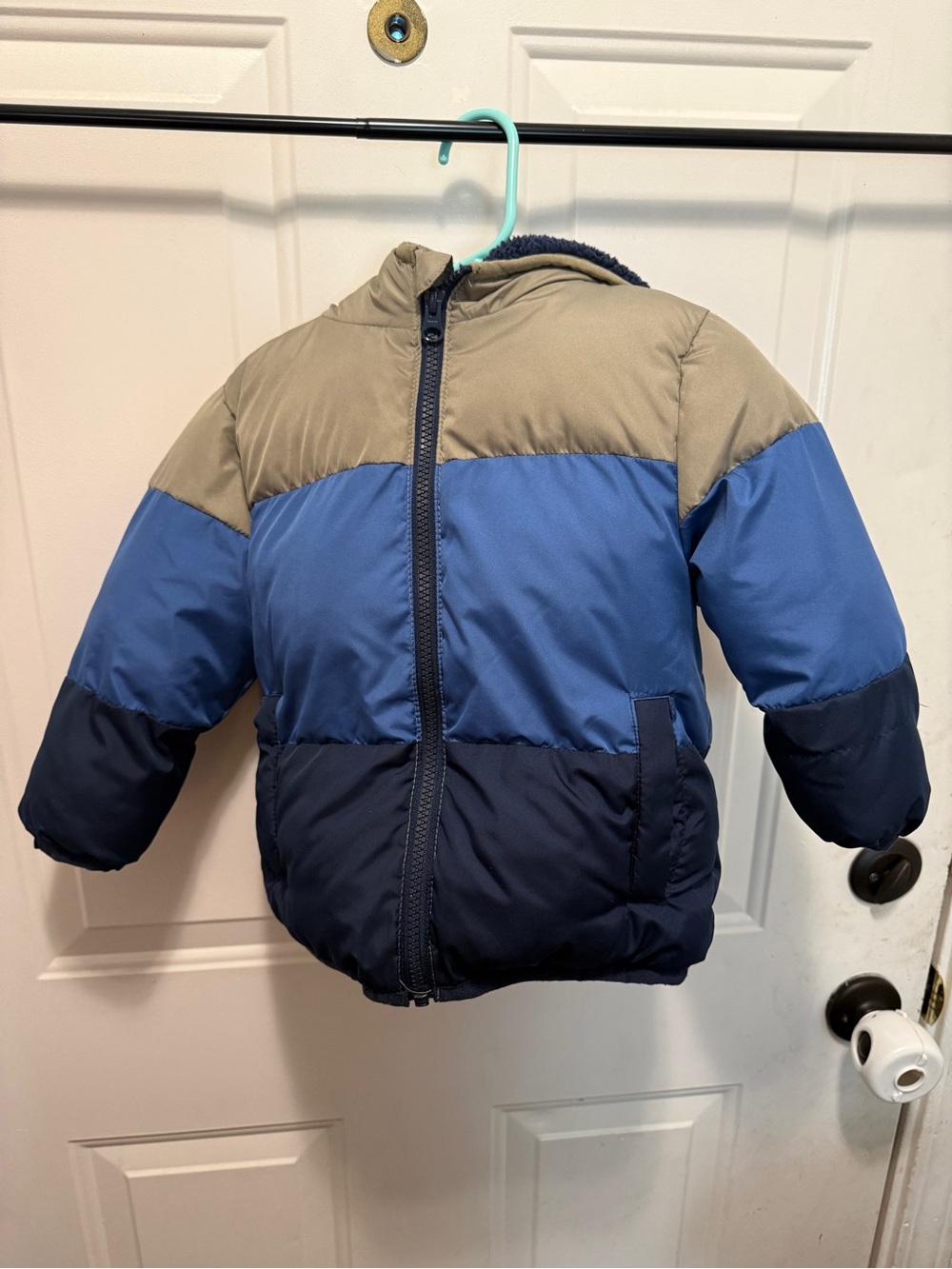 Swiss Tech Kids Colorblock Puffer Jacket in Tan, Blue, and Navy